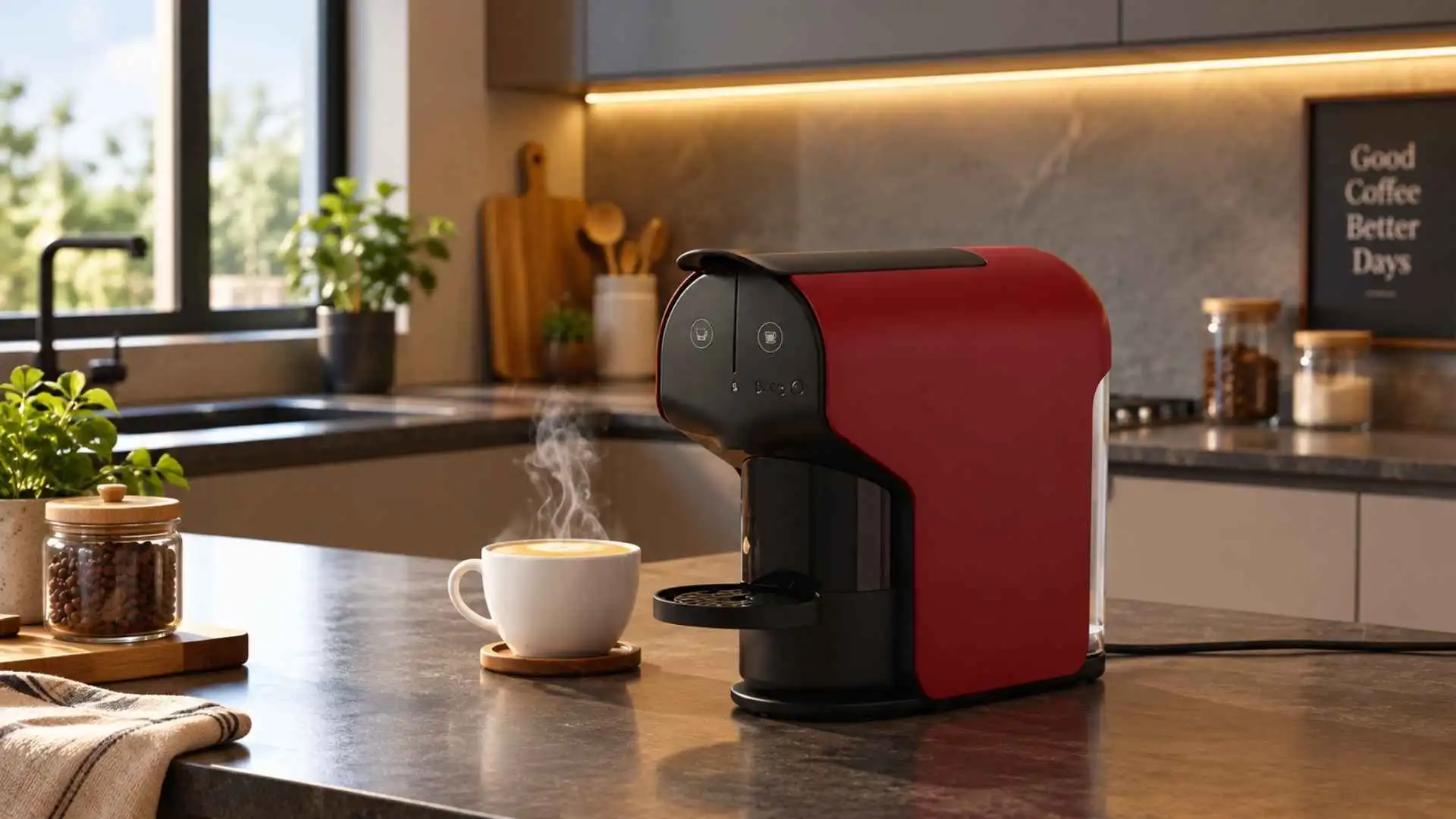 Cafeteira de cápsulas Delta Q Quick vermelha em bancada moderna com caneca de café
