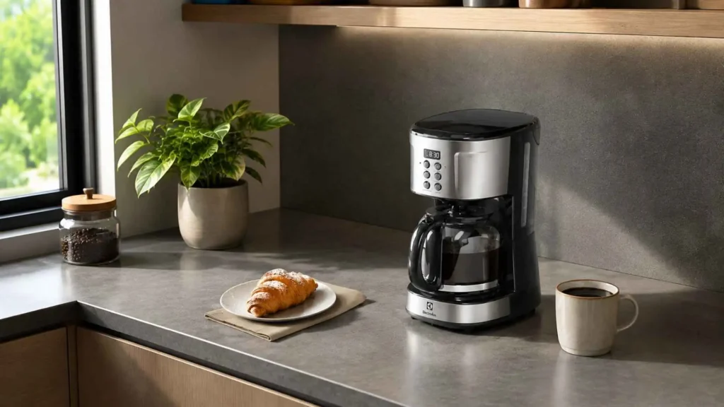 Cafeteira elétrica Electrolux ECM30 sobre a bancada de cozinha moderna ao lado de uma xícara de café