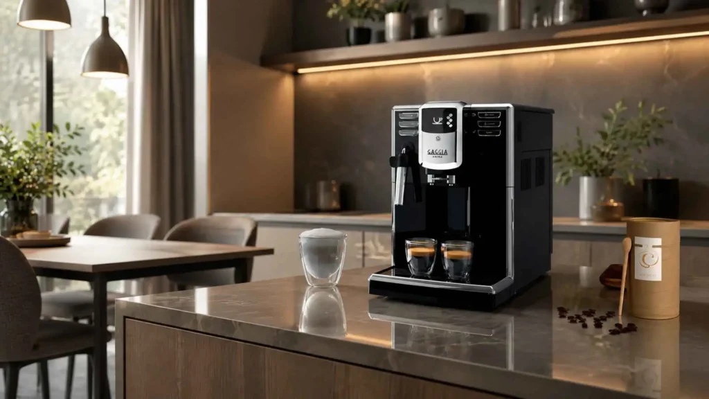 Cafeteira espresso Gaggia Anima Pannarello preparando cafés em uma cozinha planejada moderna