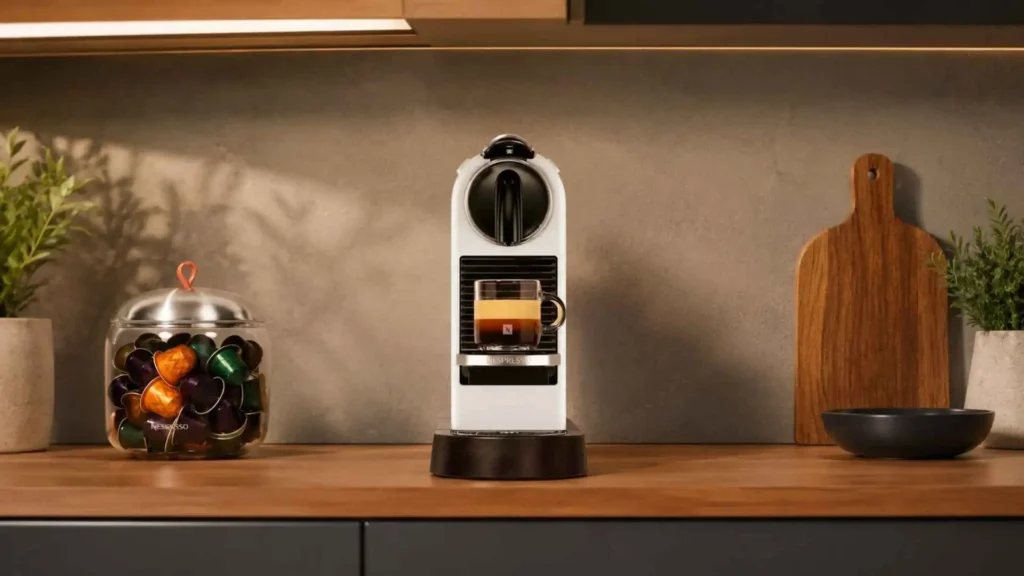 Visão frontal da Cafeteira Espresso Nespresso CitiZ branca destacando o perfil fino de 13 cm de largura