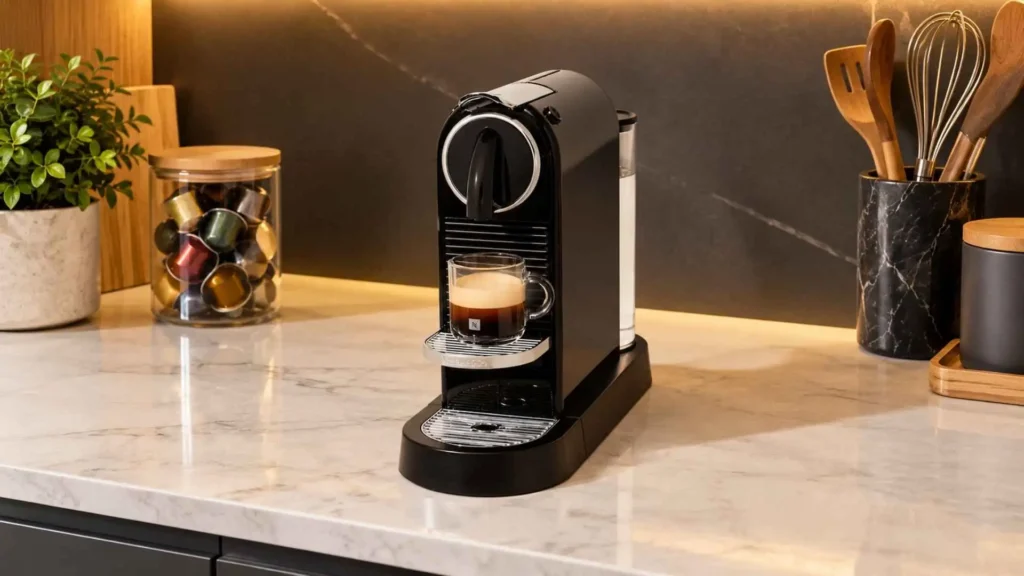 Cafeteira Espresso Nespresso CitiZ preta extraindo café com crema em xícara de vidro na bancada