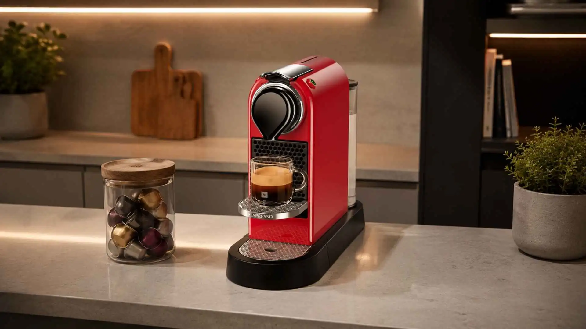 Cafeteira Espresso Nespresso CitiZ vermelha ao lado de pote de vidro com cápsulas de café