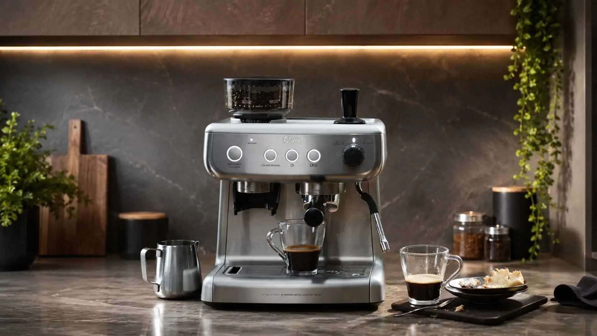 Visão frontal da Cafeteira Oster Xpert Perfect Brew em bancada escura com xícaras de espresso