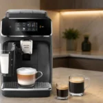 Cafeteira espresso superautomática Philips Walita LatteGo Série 2300 na bancada de cozinha com xícaras de café espresso e cappuccino