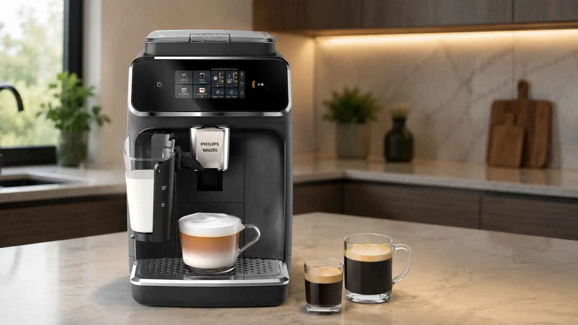 Cafeteira espresso superautomática Philips Walita LatteGo Série 2300 na bancada de cozinha com xícaras de café espresso e cappuccino