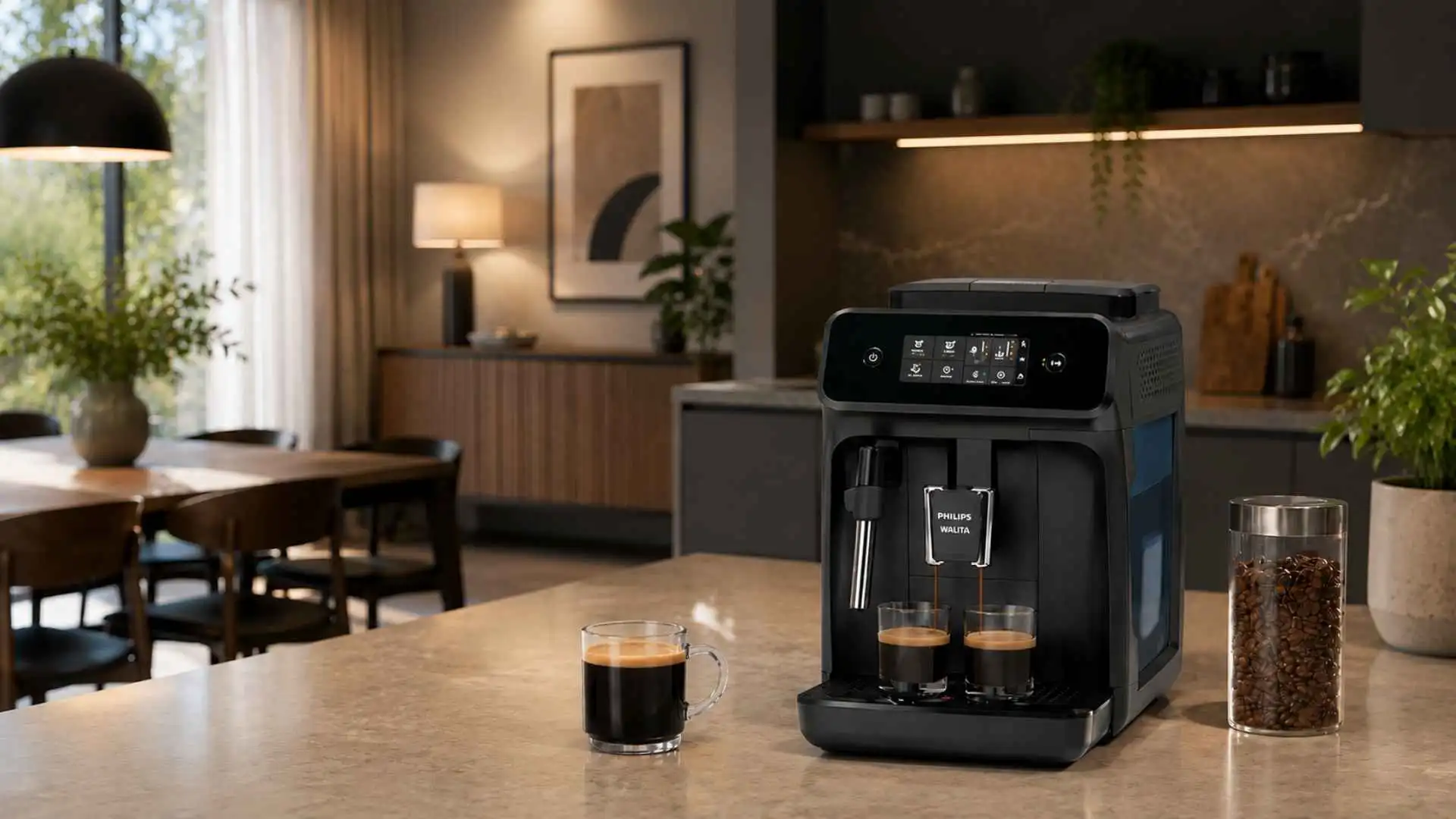 Cafeteira Philips Walita Série 1200 superautomática preta posicionada na bancada da cozinha com xícaras de café espresso