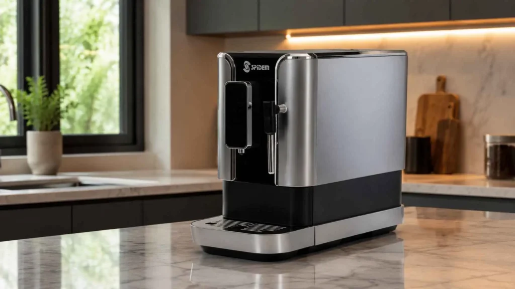 Cafeteira Spidem Trevi automática cinza prata posicionada sobre bancada de cozinha moderna