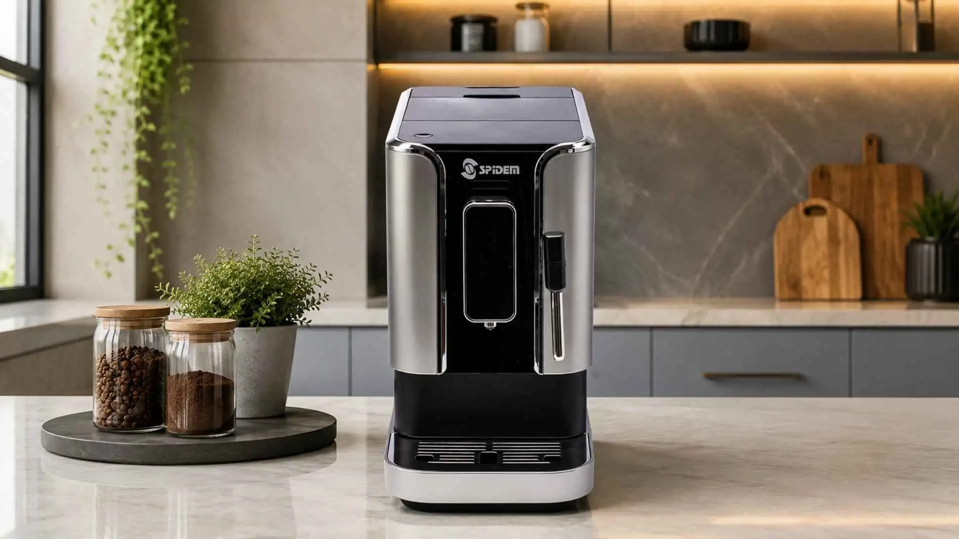 Visão frontal da Cafeteira Spidem Trevi ressaltando seu design ultra slim de 18 cm de largura