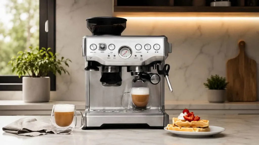 Cafeteira Tramontina by Breville Express Pro com moedor integrado preparando espresso acompanhada de xícaras de café e prato de waffle