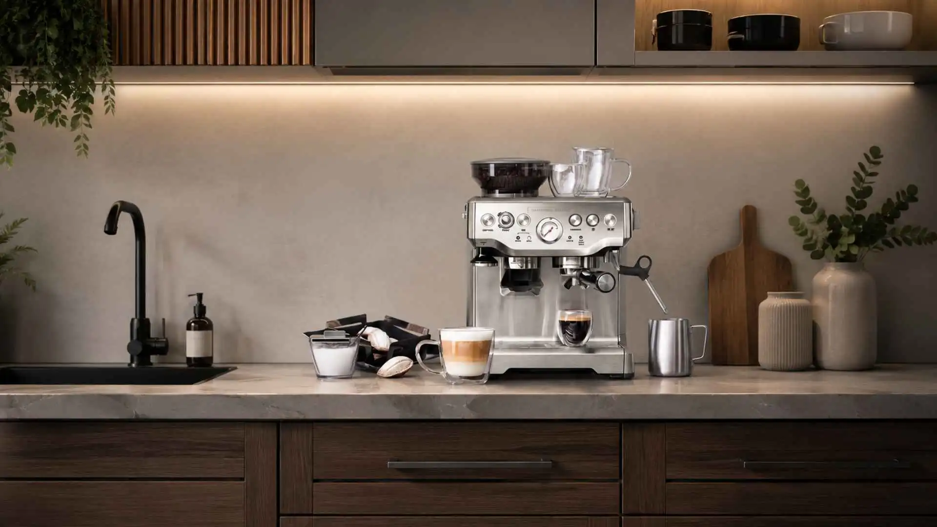 Cafeteira Tramontina by Breville Express Pro em aço inox posicionada na bancada de uma cozinha moderna planejada