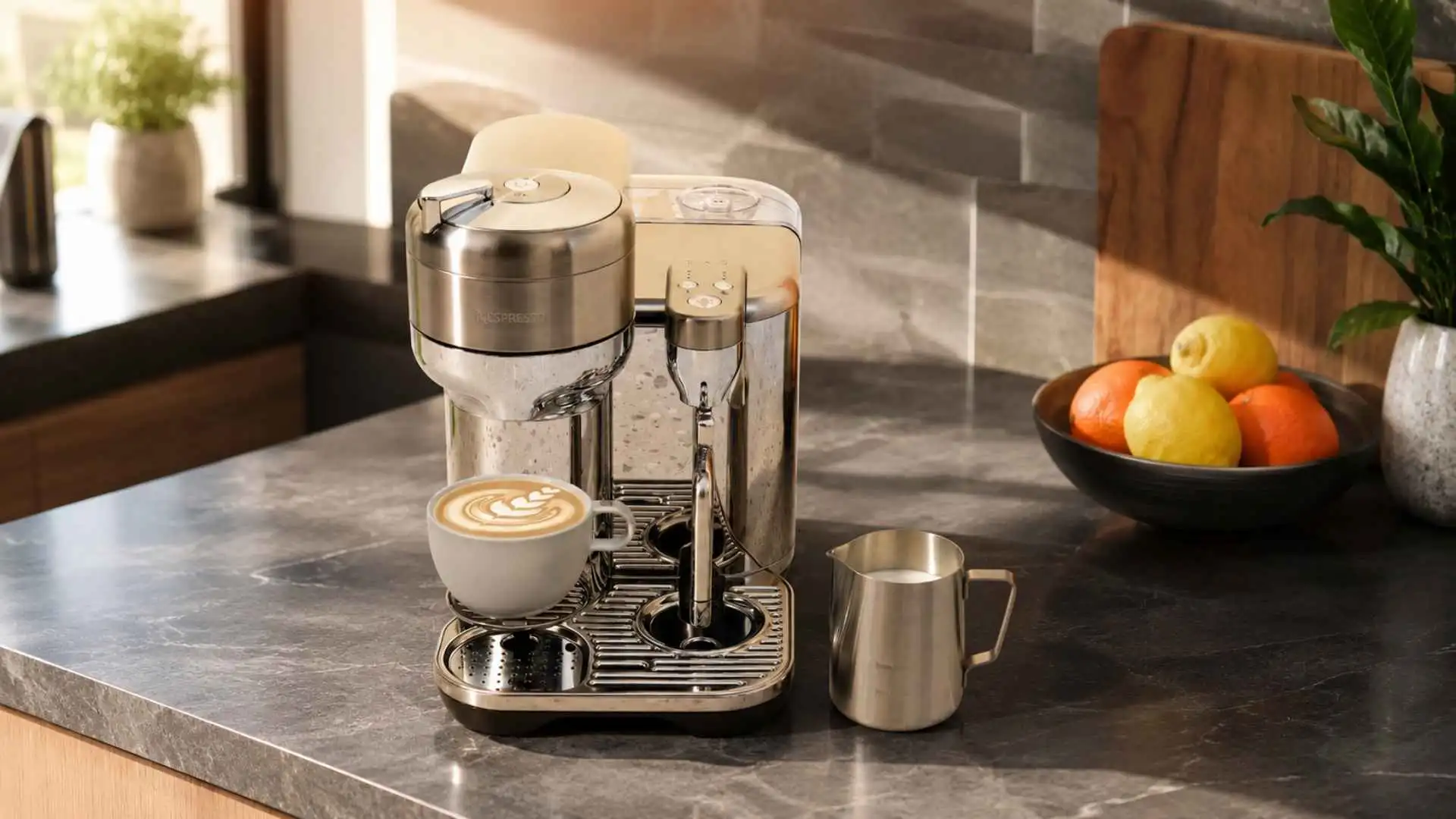 Cafeteira Vertuo Creatista com lança de vapor MilQ e xícara de latte art na bancada iluminada
