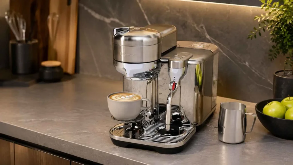 Cafeteira Vertuo Creatista Nespresso em aço inoxidável sobre bancada de cozinha com xícara de cappuccino e jarra de leite