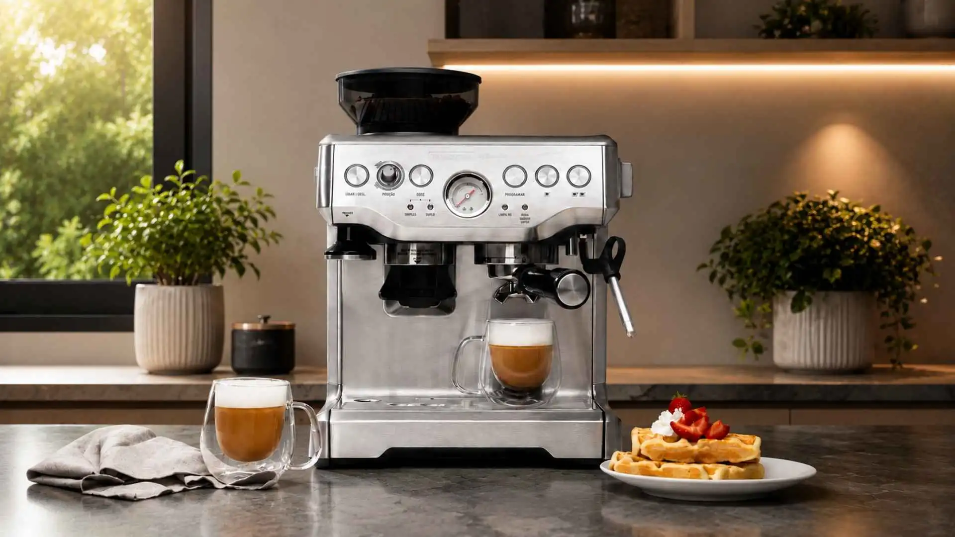 Comparativo das melhores cafeteiras elétricas espresso com moedor integrado preparando café na bancada da cozinha