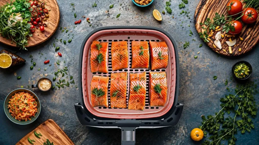 Seis postas de salmão organizadas perfeitamente lado a lado no cesto quadrado com revestimento Redstone da Air Fryer Britânia