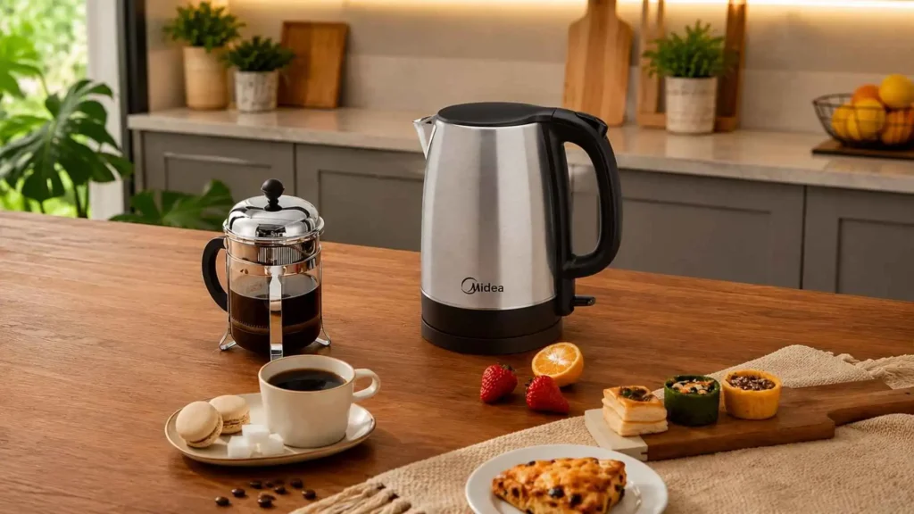 Chaleira elétrica inox Midea 1,7L sobre bancada de madeira ao lado de café e biscoitos