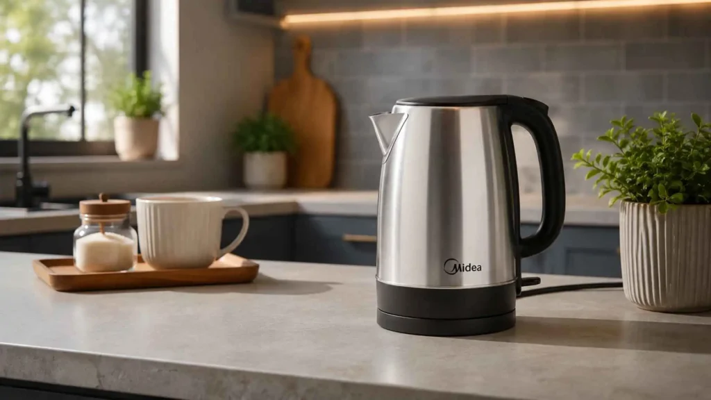 Chaleira elétrica inox Midea em close na bancada de cozinha moderna