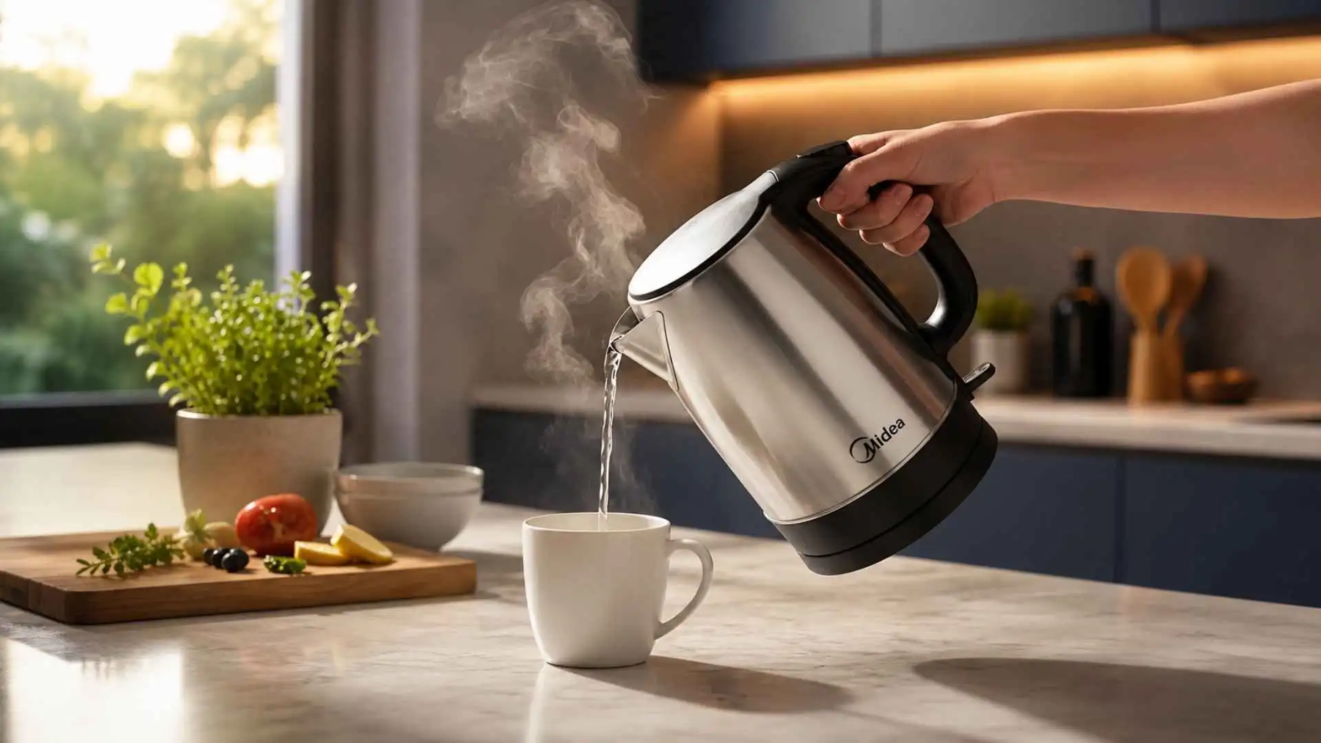 Chaleira elétrica inox Midea servindo água fervente em uma xícara de chá