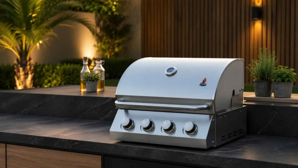Churrasqueira a gás de embutir Chaleur Brasil 4 queimadores instalada em bancada de área gourmet externa