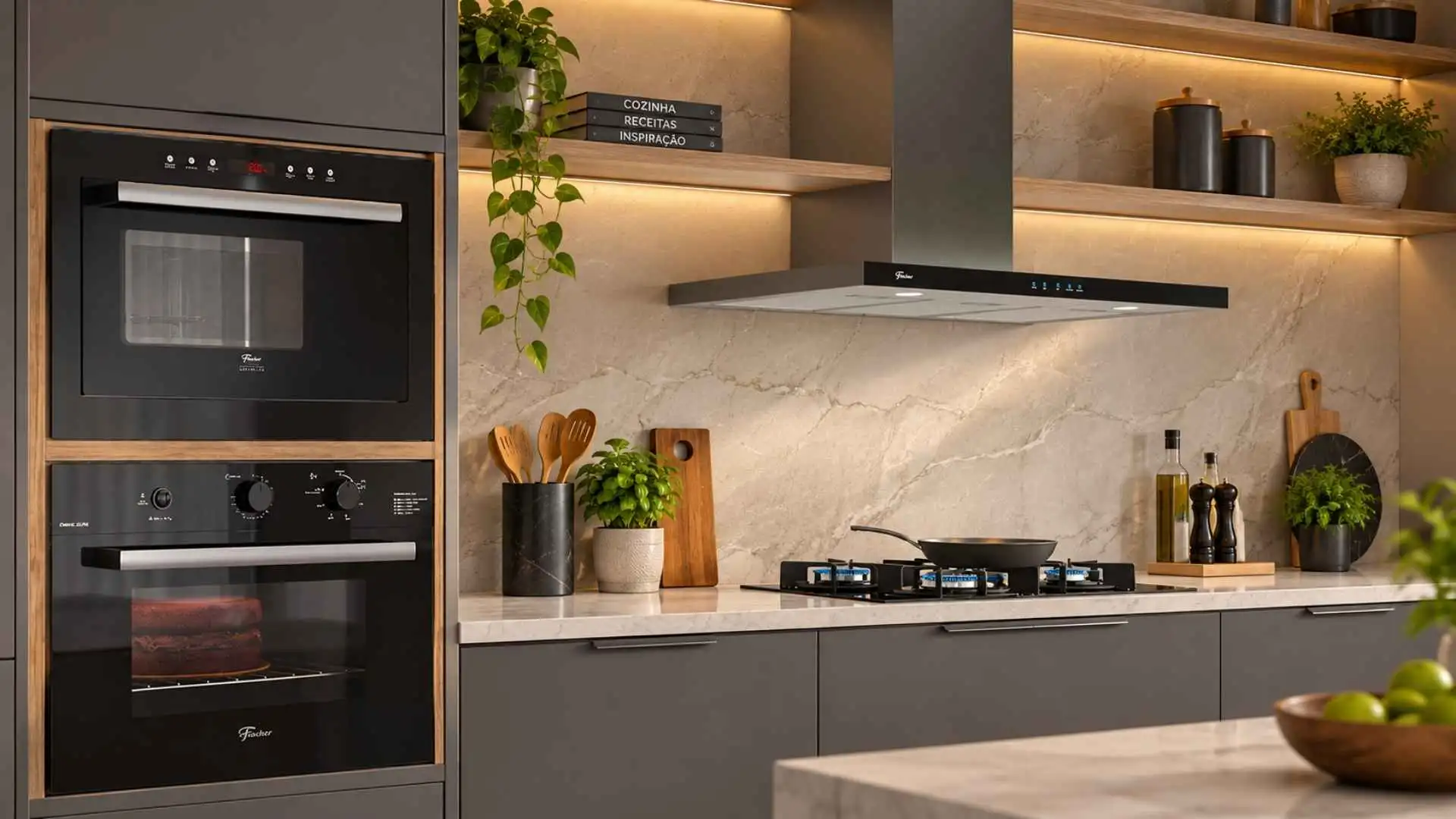 Coifa de Parede Fischer Infinity 90cm instalada sobre cooktop em cozinha planejada moderna com iluminação em LED