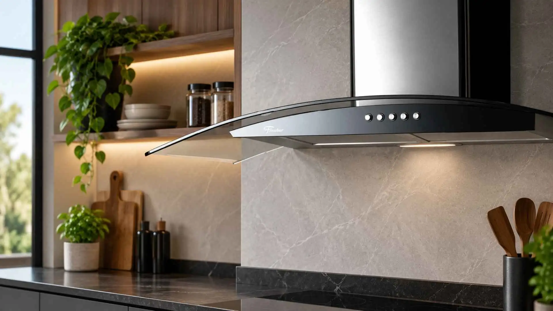 Coifa de Parede Fischer Talent Fit 90 cm com acabamento em inox e vidro curvo instalada na bancada de cozinha planejada