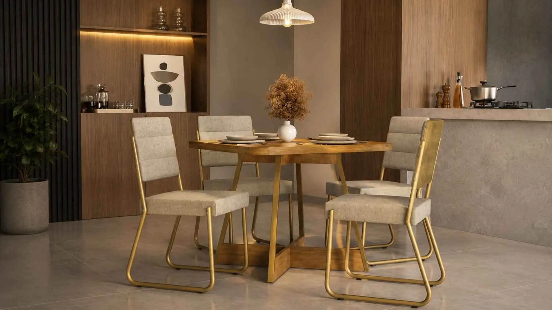 Conjunto Sala de Jantar 4 Cadeiras Charlotte Carraro com cadeiras estofadas douradas e base ouro velho