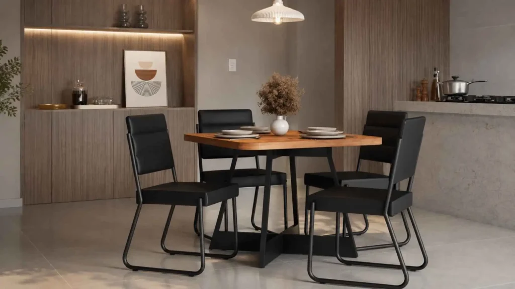 Conjunto Sala de Jantar 4 Cadeiras Charlotte Carraro na cor preta em sala de jantar integrada