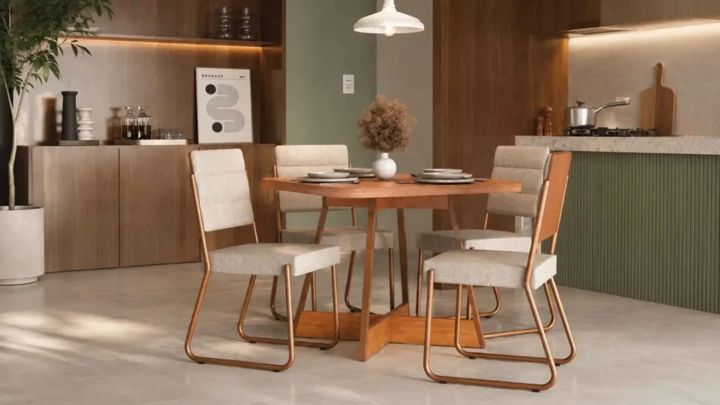 Conjunto Sala de Jantar 4 Cadeiras Charlotte Carraro com mesa carvalho e cadeiras na cor rosé em cozinha moderna