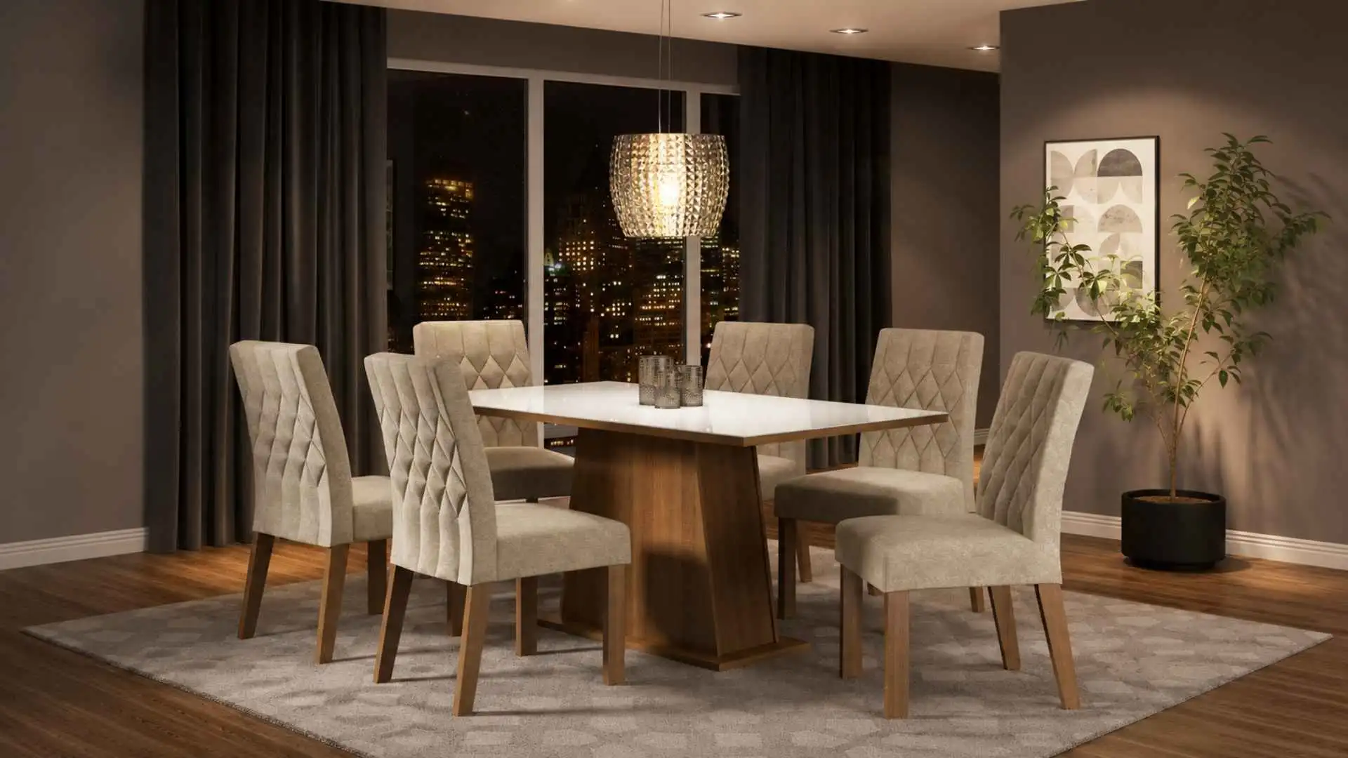 Conjunto de Sala de Jantar Madesa Rafaela 6 lugares com acabamento rustic e tampo branco