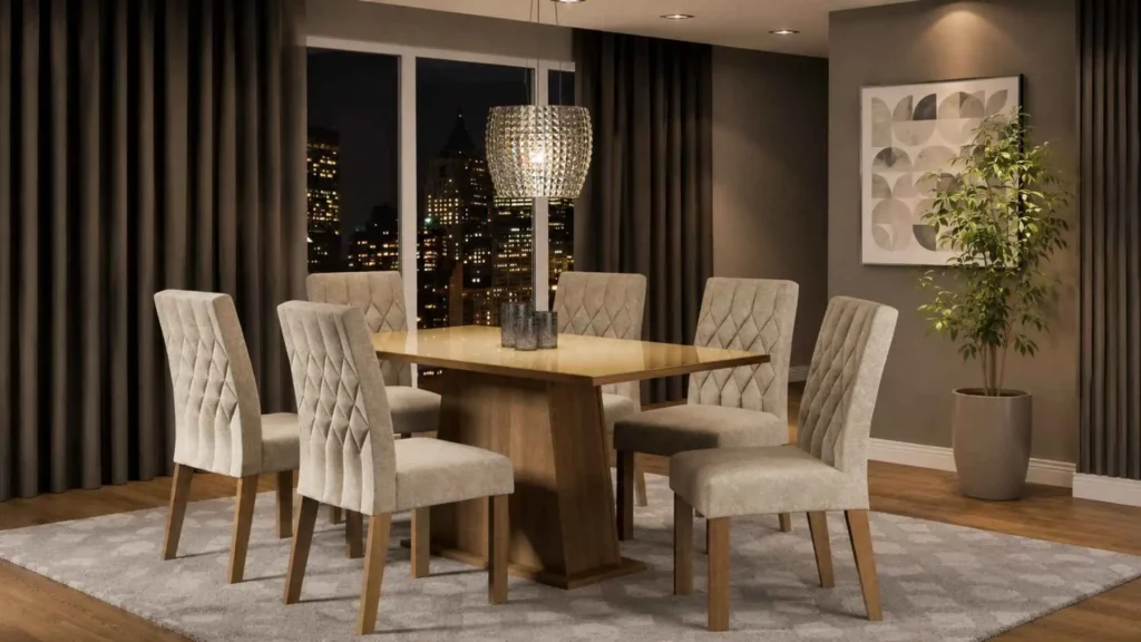 Conjunto de Sala de Jantar Madesa Rafaela com mesa tampo de vidro crema e 6 cadeiras em suede imperial