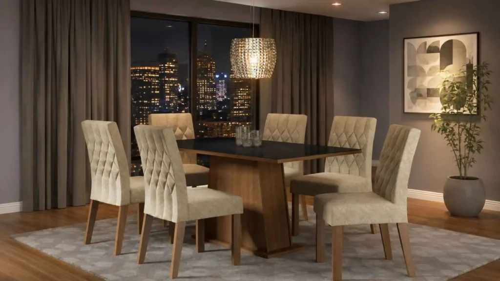 Conjunto de Sala de Jantar Madesa Rafaela com mesa base pedestal e tampo de vidro preto