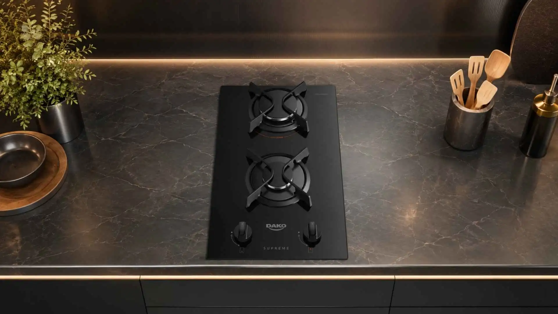 Cooktop 2 Bocas Dako Supreme instalado embutido em bancada de cozinha planejada escura