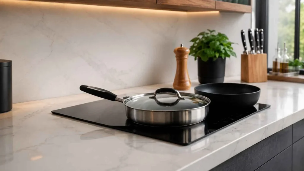 Cooktop 4 bocas de indução Even Pro Midea com panelas inox e tampa de vidro em cima da mesa vitrocerâmica