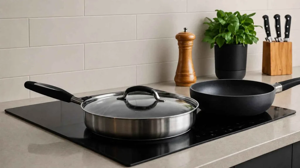 Duas panelas sendo utilizadas sobre a superfície vitrocerâmica acesa do cooktop 4 bocas Midea CCB40P2 em uma cozinha iluminada