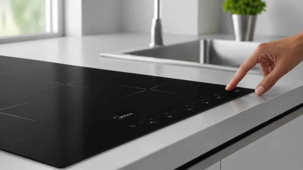 Detalhe aproximado de uma pessoa acionando o painel touch digital na quina frontal do cooktop 4 bocas Midea CCB40P2 instalado rente à bancada