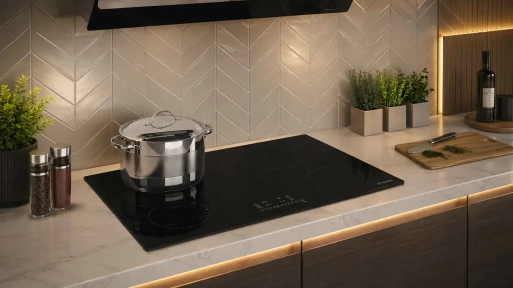 Cooktop 4 Bocas Mueller MCI024BG1 de indução instalado em uma bancada de cozinha planejada moderna com uma panela sobre a mesa vitrocerâmica