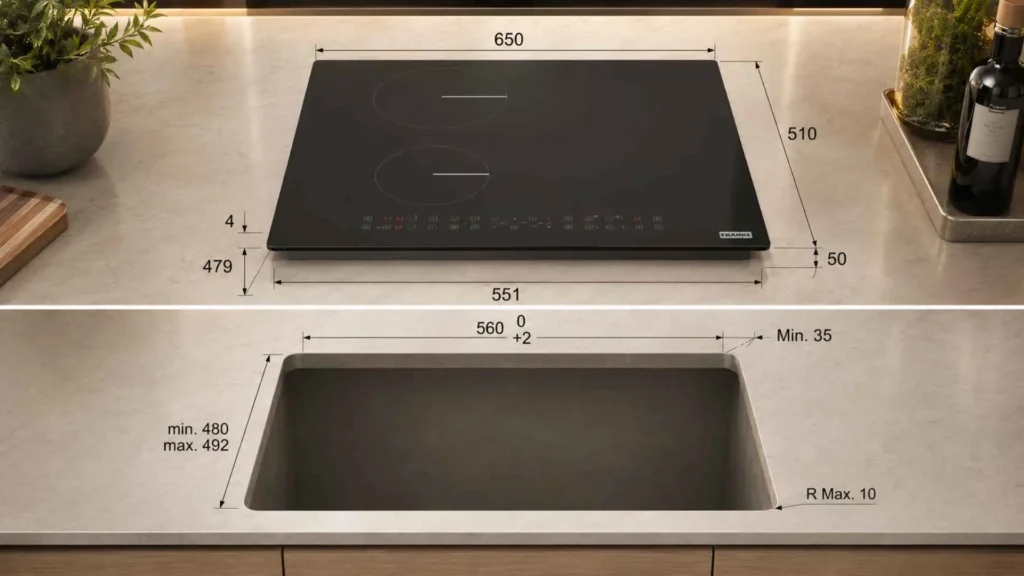 Visão superior do Cooktop 4 Zonas Smart 654 Franke instalado em bancada cinza ao lado de uma cuba de pia embutida