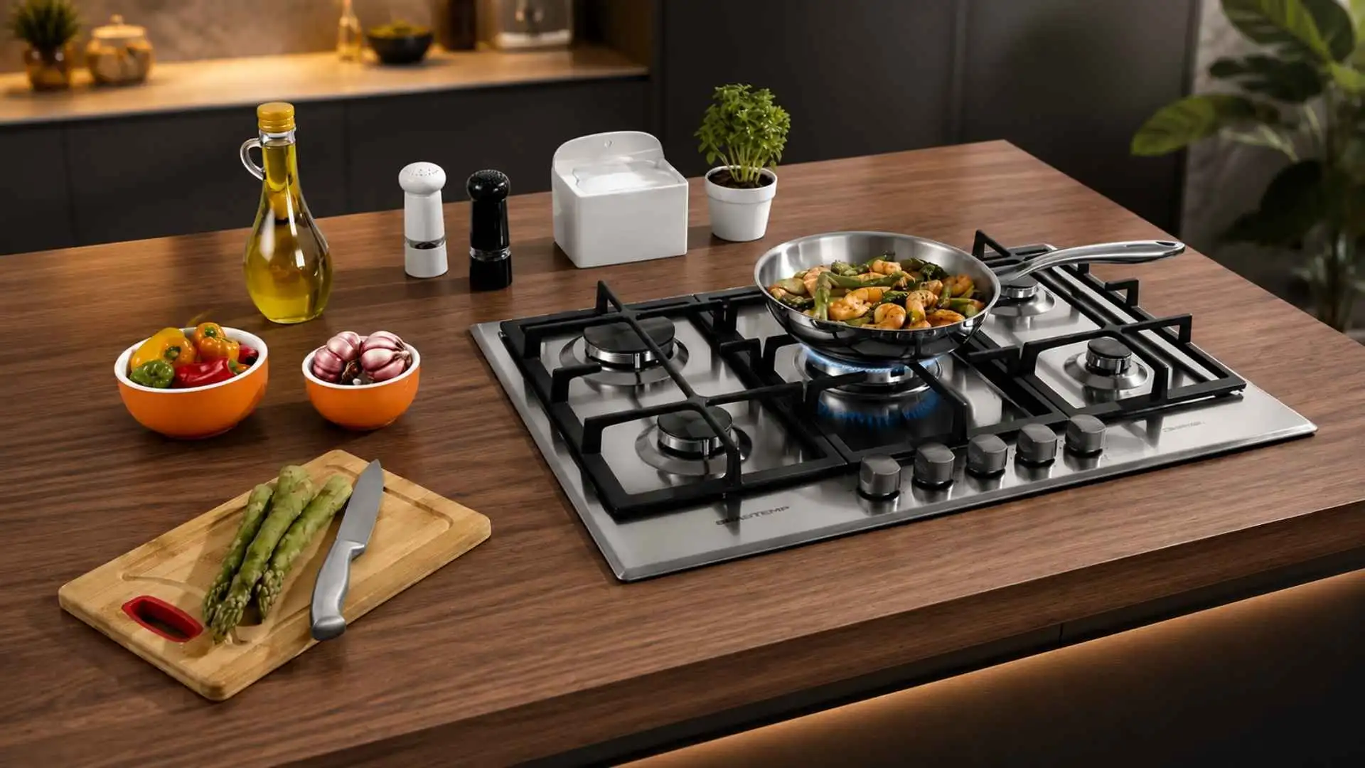 Cooktop 5 Bocas Brastemp Gourmand BDK75DR em inox instalado em uma bancada de madeira de cozinha planejada