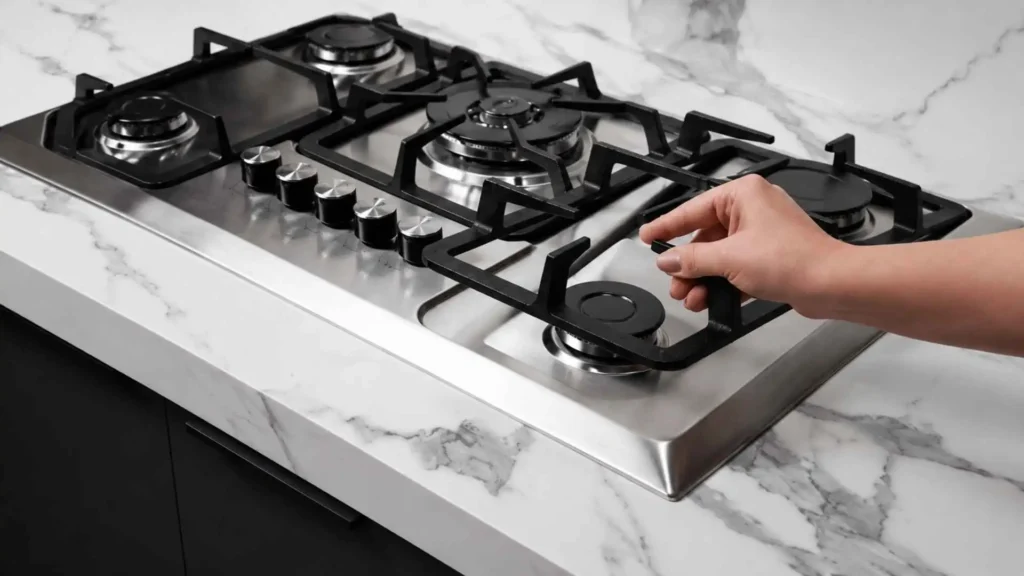Pessoa acendendo o queimador central do cooktop 5 bocas Fischer Infinity através do botão com acendimento superautomático