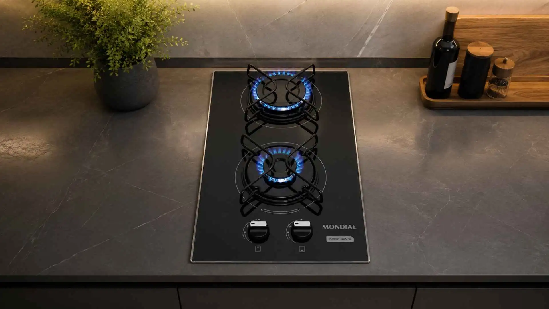 Cooktop a gás 2 bocas Mondial CTG-04 de vidro temperado preto instalado em uma bancada de cozinha planejada cinza escura com decoração moderna
