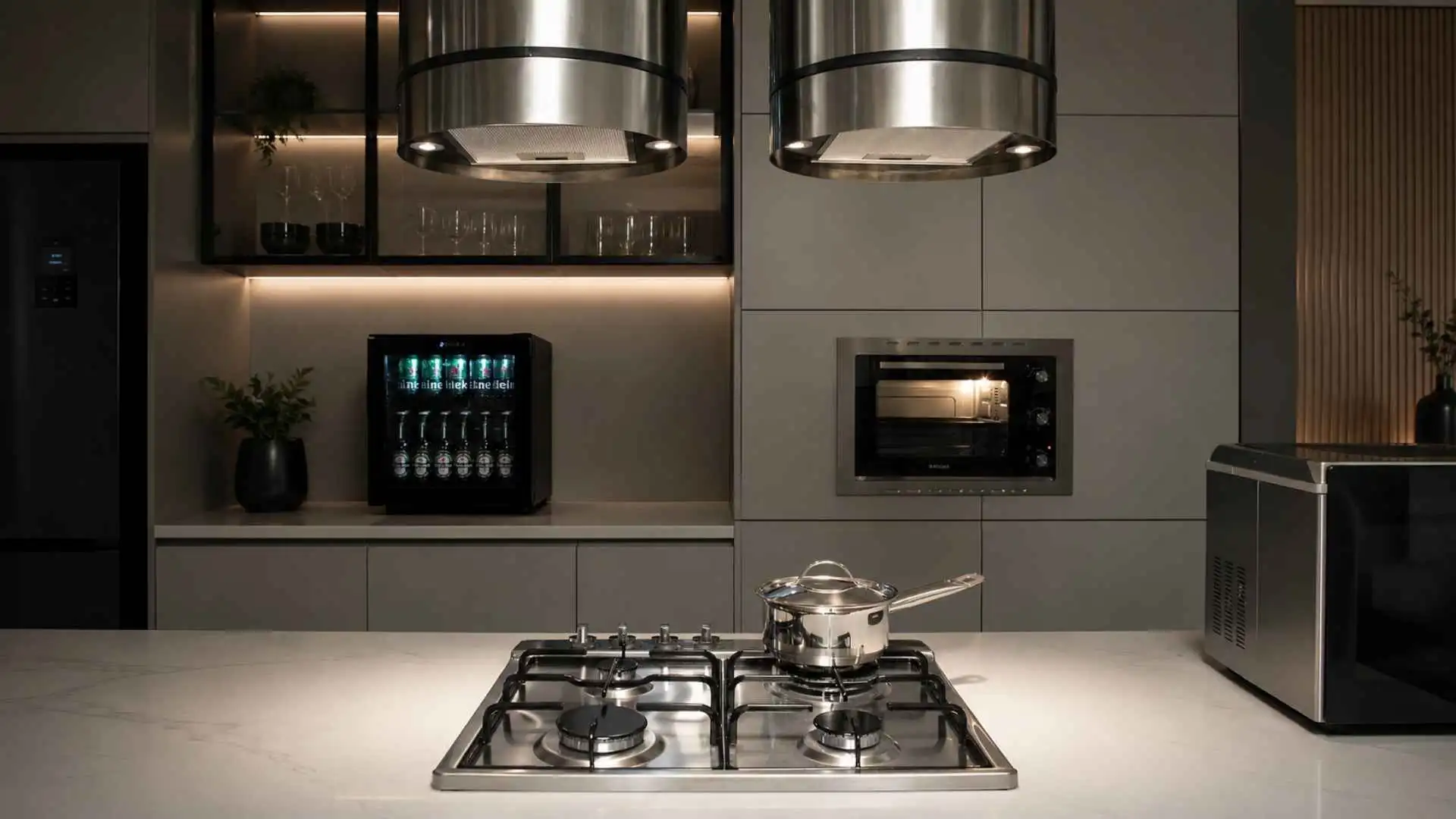 Cooktop a Gás 4 Bocas FG4134IX da Suggar embutido em bancada branca de cozinha planejada com forno elétrico ao fundo