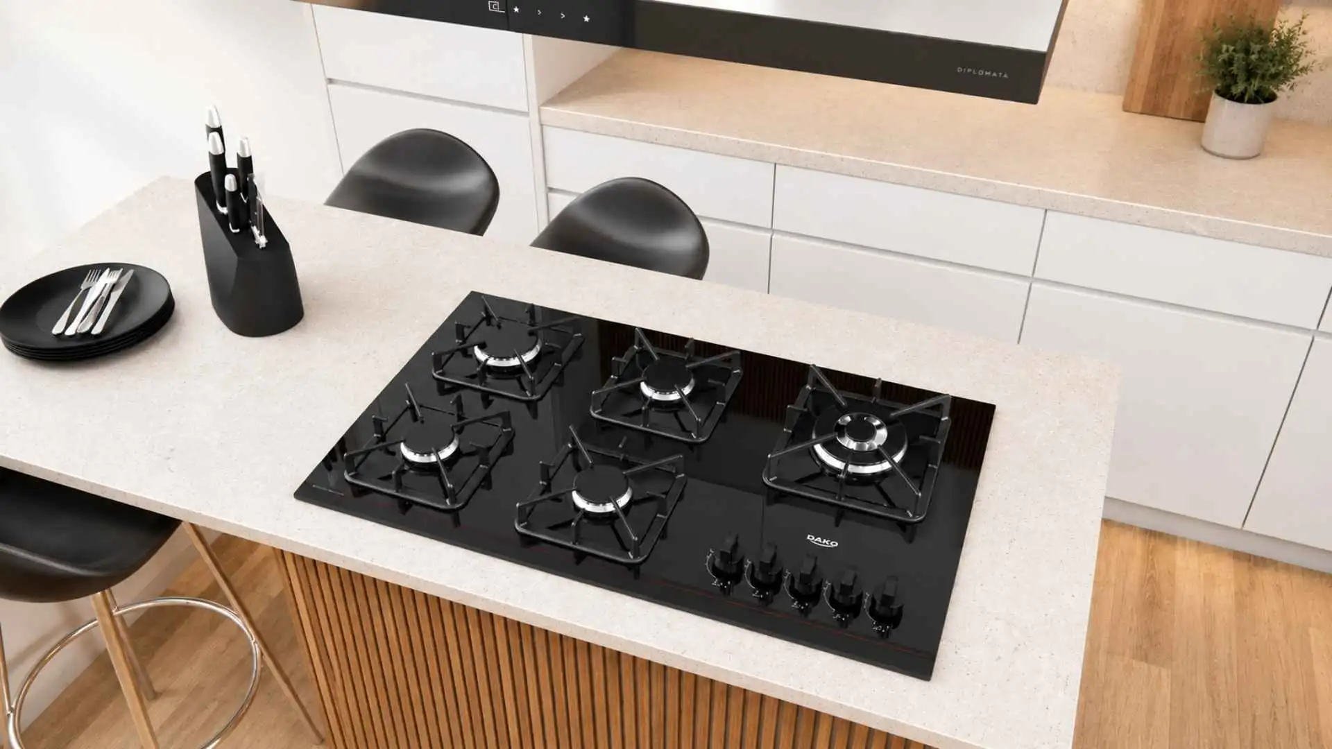 Cooktop Dako Diplomata 5 Bocas preto com mesa de vidro embutido em uma bancada de cozinha planejada com ilha