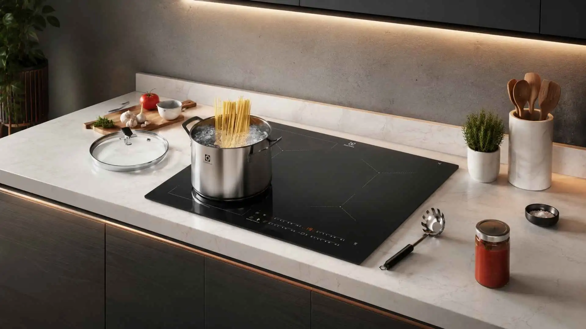 Cooktop de Indução Electrolux IE60P embutido em bancada de cozinha planejada moderna com panela de inox sobre a mesa vitrocerâmica