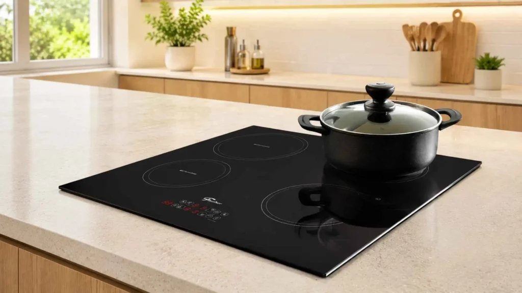 Cooktop de Indução Fischer 4 Bocas Touch Screen embutido em uma bancada clara de cozinha planejada com uma panela sobre a zona de aquecimento