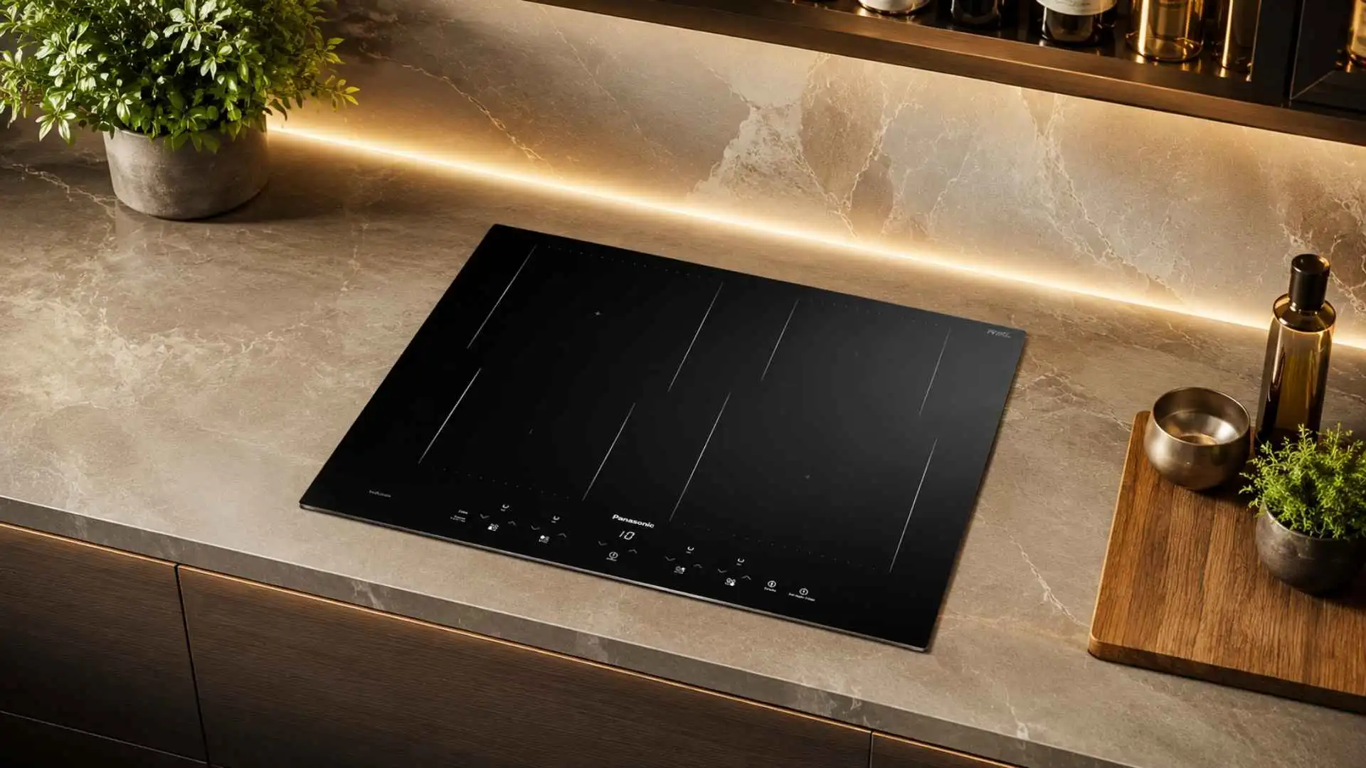 Visão geral do Cooktop de Indução Panasonic KY-W648CLRPK embutido em uma bancada de cozinha moderna