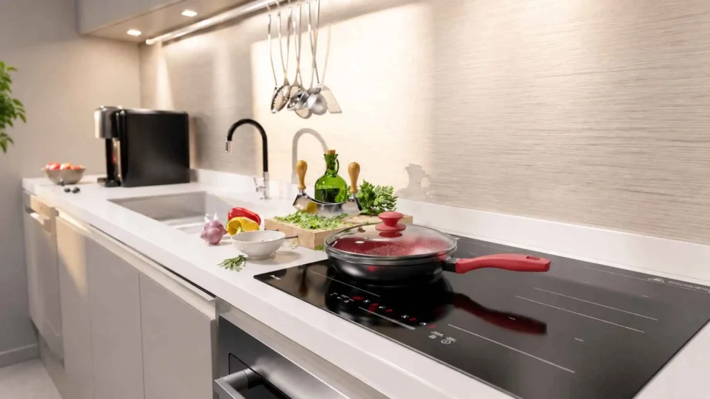 Cooktop de indução Philco PCTQ1 embutido de forma elegante em uma bancada de cozinha planejada clara e moderna