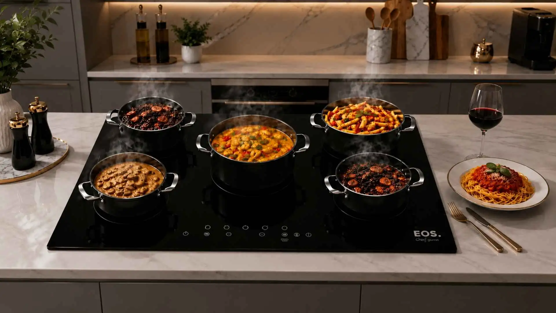 Cooktop EOS ECI05EP com 5 panelas de indução em funcionamento e zonas de aquecimento ligadas