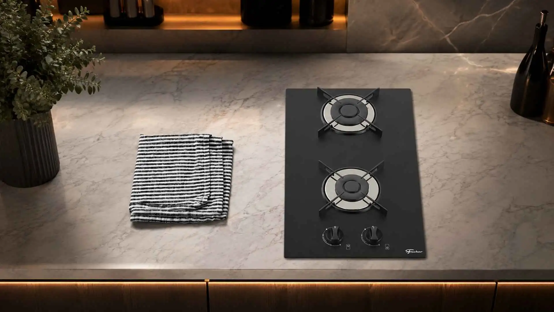 Cooktop Fischer 2 Bocas 7726-11474 a gás instalado em uma bancada moderna de cozinha planejada