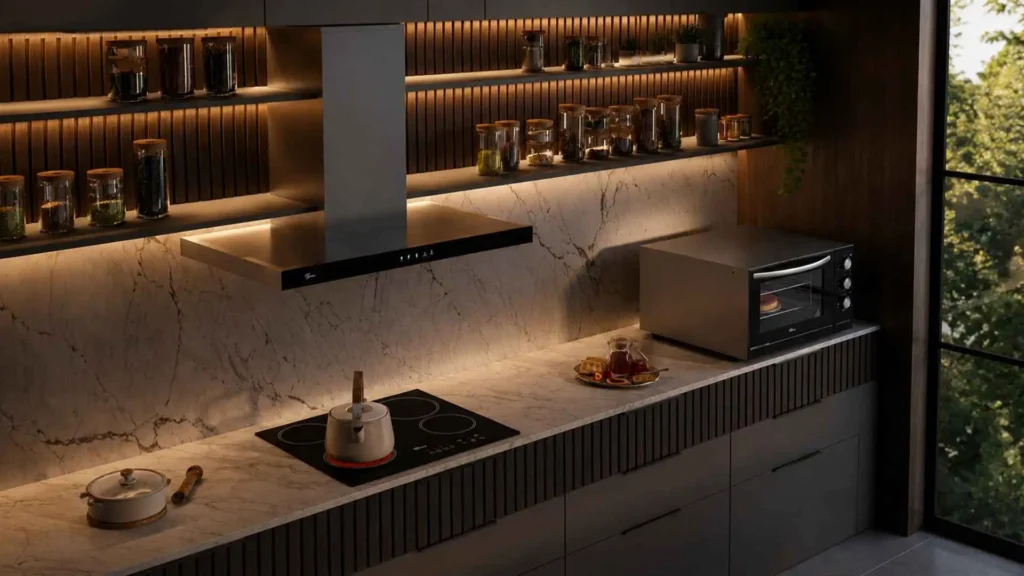 Cozinha planejada moderna e iluminada com o Cooktop Fischer Elétrico 4 Bocas 30006-73476 embutido na bancada de granito escuro