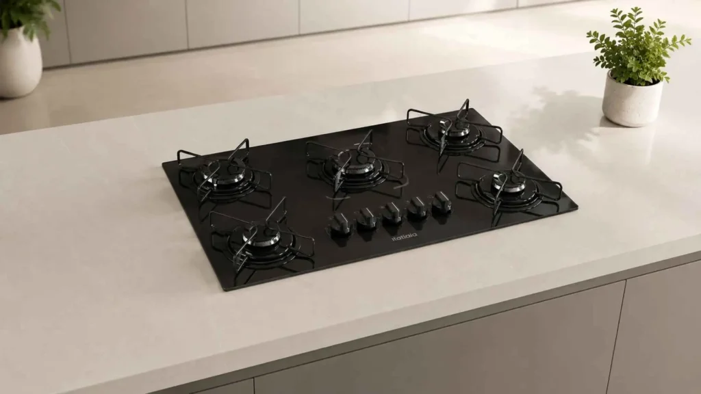Lateral em ângulo de um cooktop Itatiaia 5 bocas preto modelo Essencial mostrando o acabamento de bordas infinitas na pedra