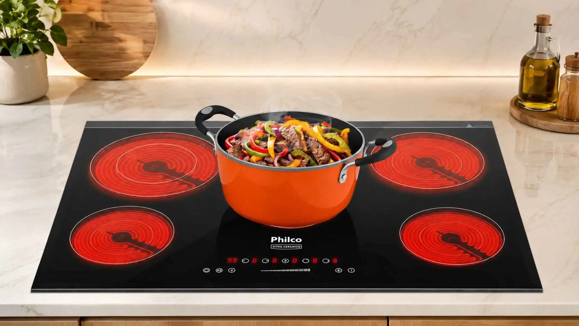 Cooktop 5 Bocas Elétrico Philco Volcano PCT55VC em uma bancada de cozinha com uma panela laranja no queimador central